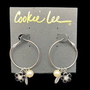 VTG Cookie Lee Earrings Silver Tone Hoops Removeable Charms Flower Feather Pearl